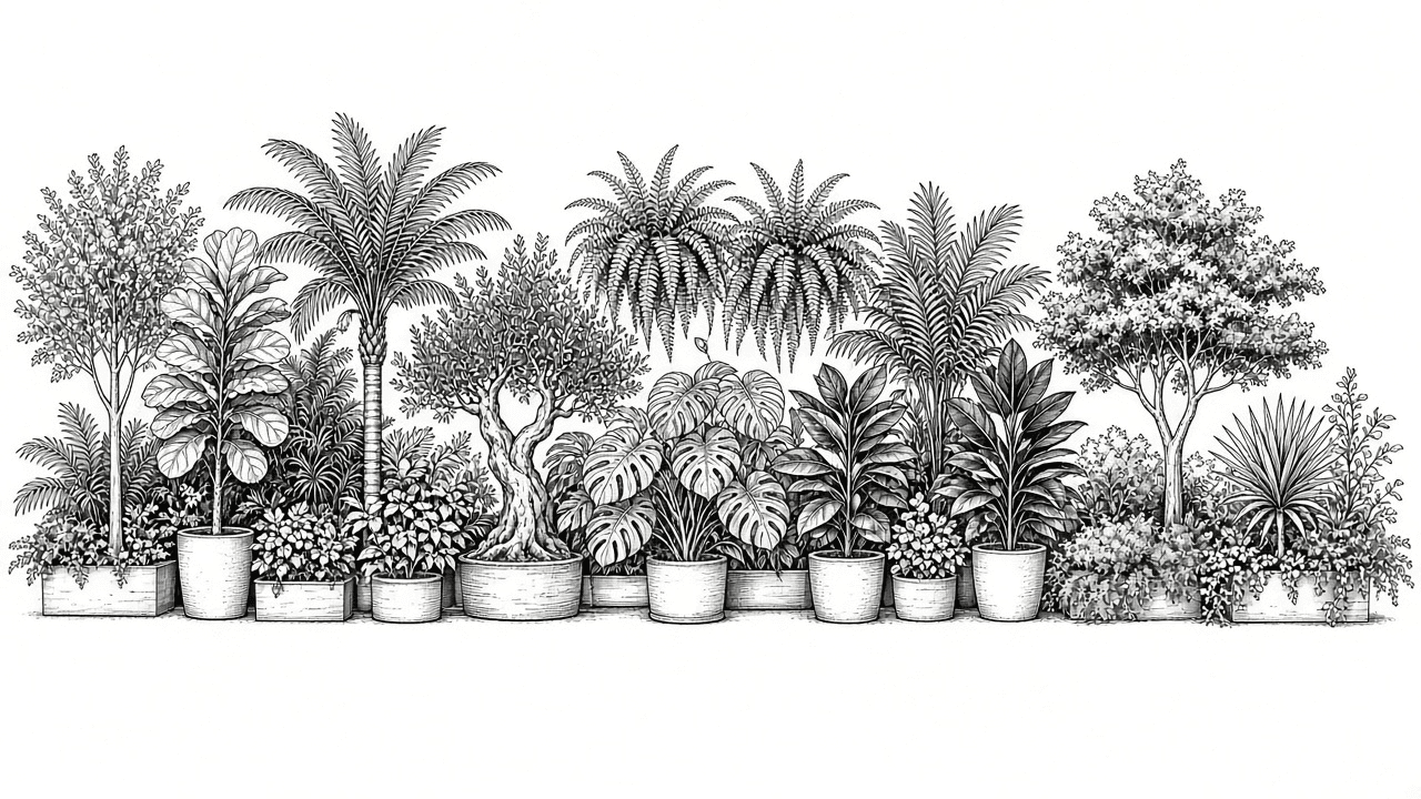 Packed stretch of lobby plants, potted greenery, and trees monitored across commercial spaces