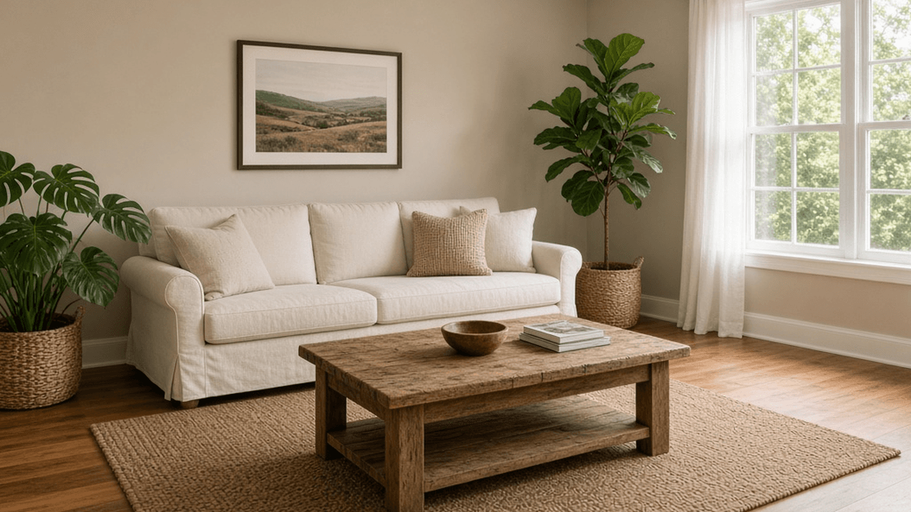 A short-term rental living room with houseplants — no device in view.