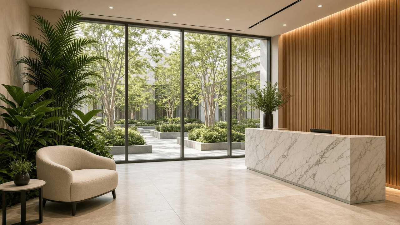 A hotel lobby looking out to a courtyard garden with healthy indoor plants — no device in view.